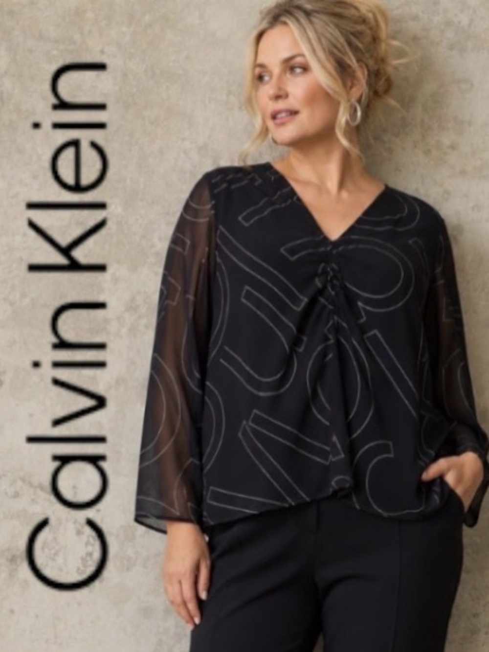 1X Calvin Klein Black Blouse with CK Letter Pattern and Sheer Sleeves, NWT